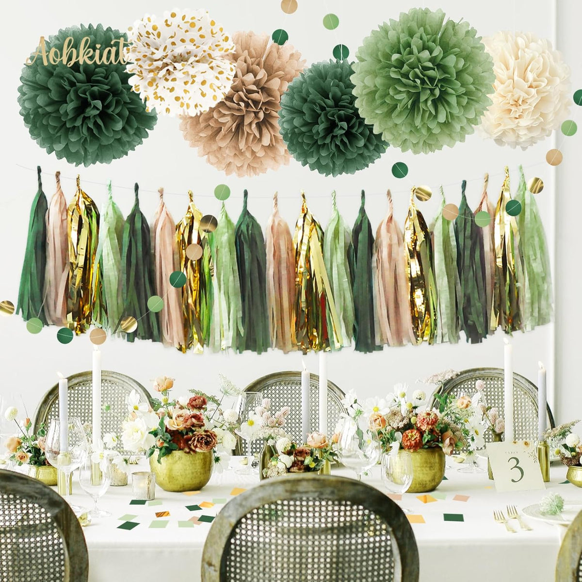 AOBKIAT Sage Green Wedding Party Decorations,28 PCS Tissue Paper Pom Poms,Circle Dots Garland Paper