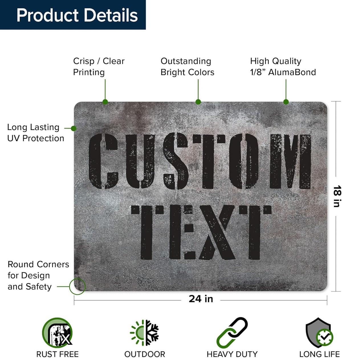 Custom Sign, Custom Street Sign, 11 Font Colors, 13 Font Styles, 4 Hole Options, 22 Sizes, 18x24