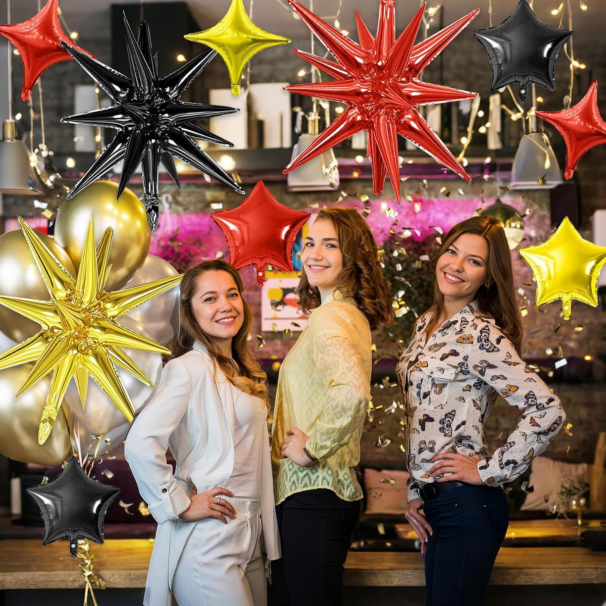 Black Gold Red Star Balloon,16Pcs Star Foil Balloons Set with 22Inch Explosion Spike Cone Balloons