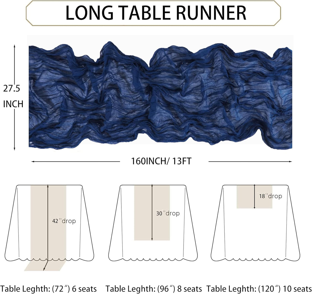 Snowkingdom 13Ft Navy Blue Cheesecloth Table Runner, 160inch Long Cheese Cloth Boho Gauze Runner