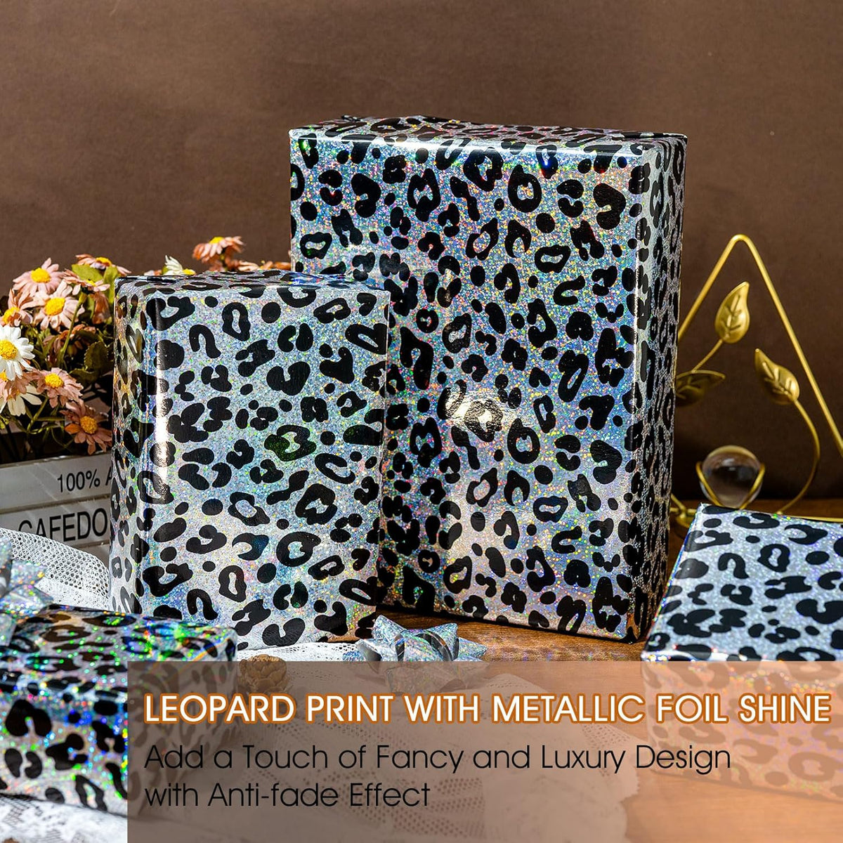 Yarcony Leopard Wrapping Paper Roll, Bold Animals Prints Wrapping Paper, Glitter Black White