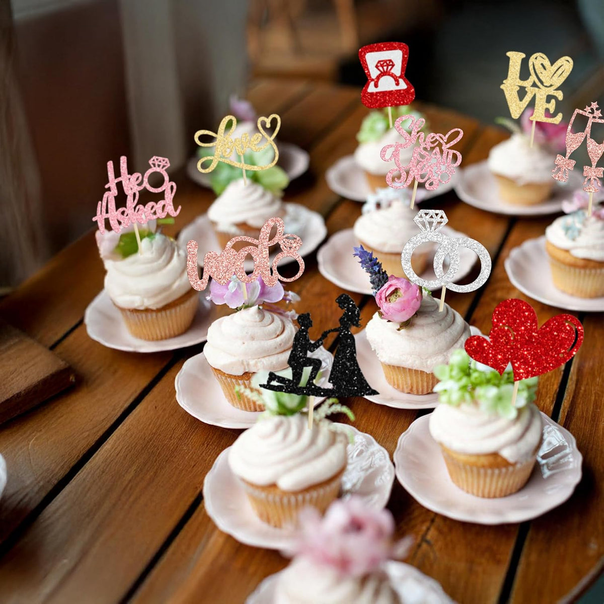 Ephlyn 30Pcs He Asked She Said Yes Cupcake Toppers Glitter Engagement Cupcake Toppers Diamond Ring