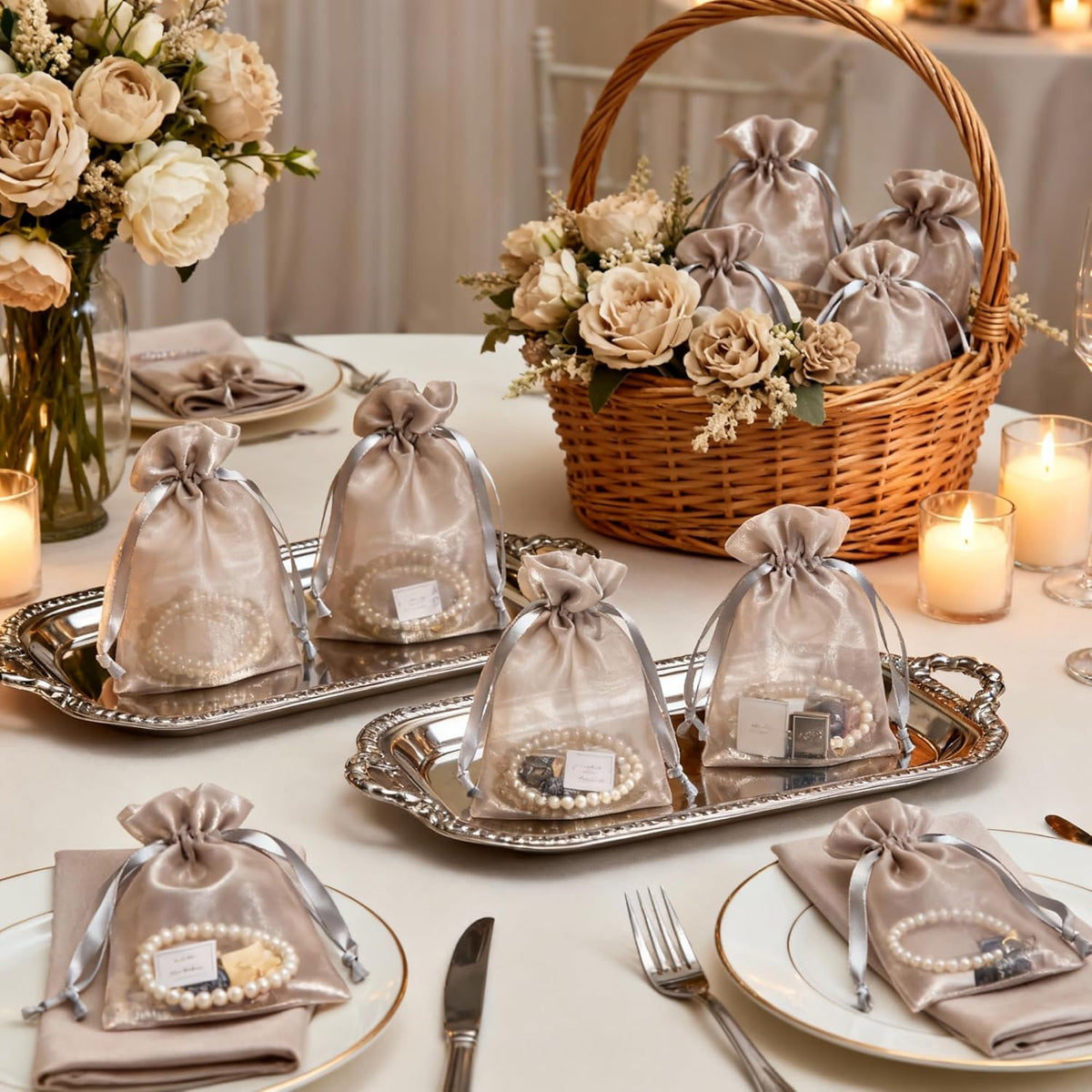 QIANF 20 Pcs Champagne Small Organza Bags 4X6 inch for Wedding Favors with Drawstring, Mini Mesh