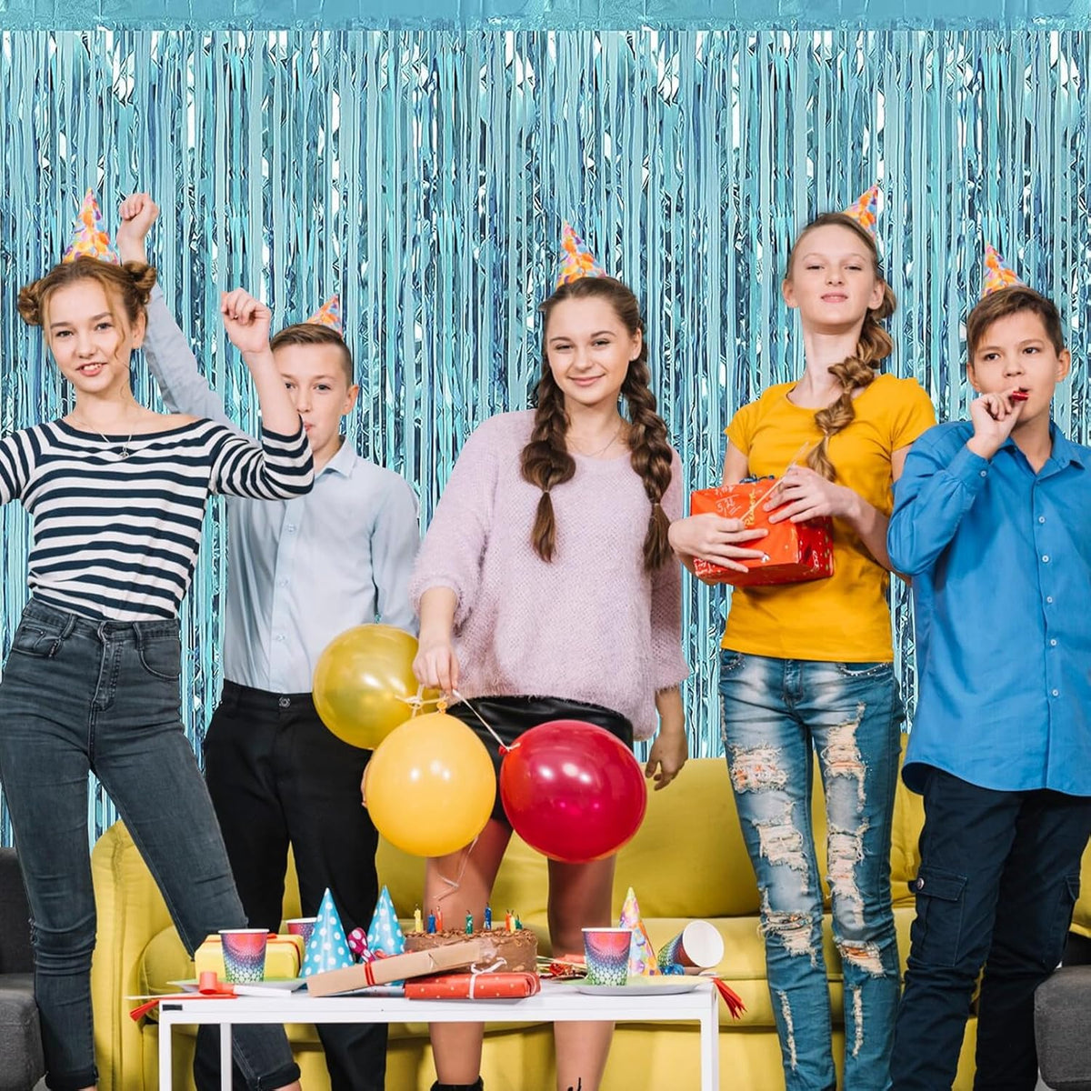 30 Pack Light Blue Foil Fringe Curtain Backdrop, 3.3x8.2 Feet Metallic Tinsel Streamer Curtains