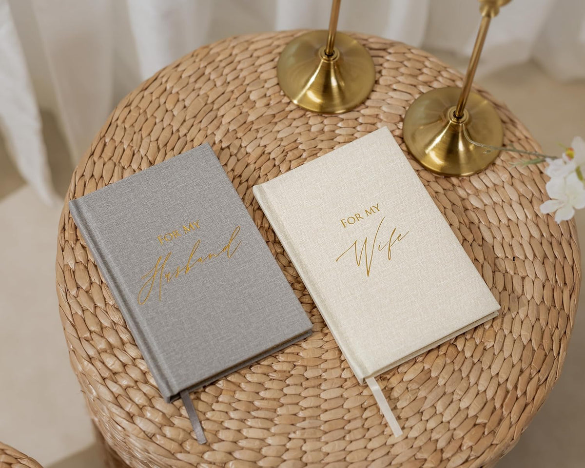 Hard Cover Vow Books (Set of 2) - For My Husband & For My Wife Grey & Cream Pocket Sized Foil
