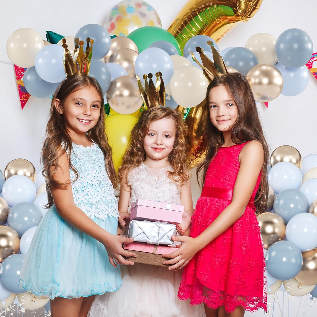 100pcs Dusty Blue and Gold Balloons, 12 Inch Haze Blue Sand White & Metallic Champagne Gold