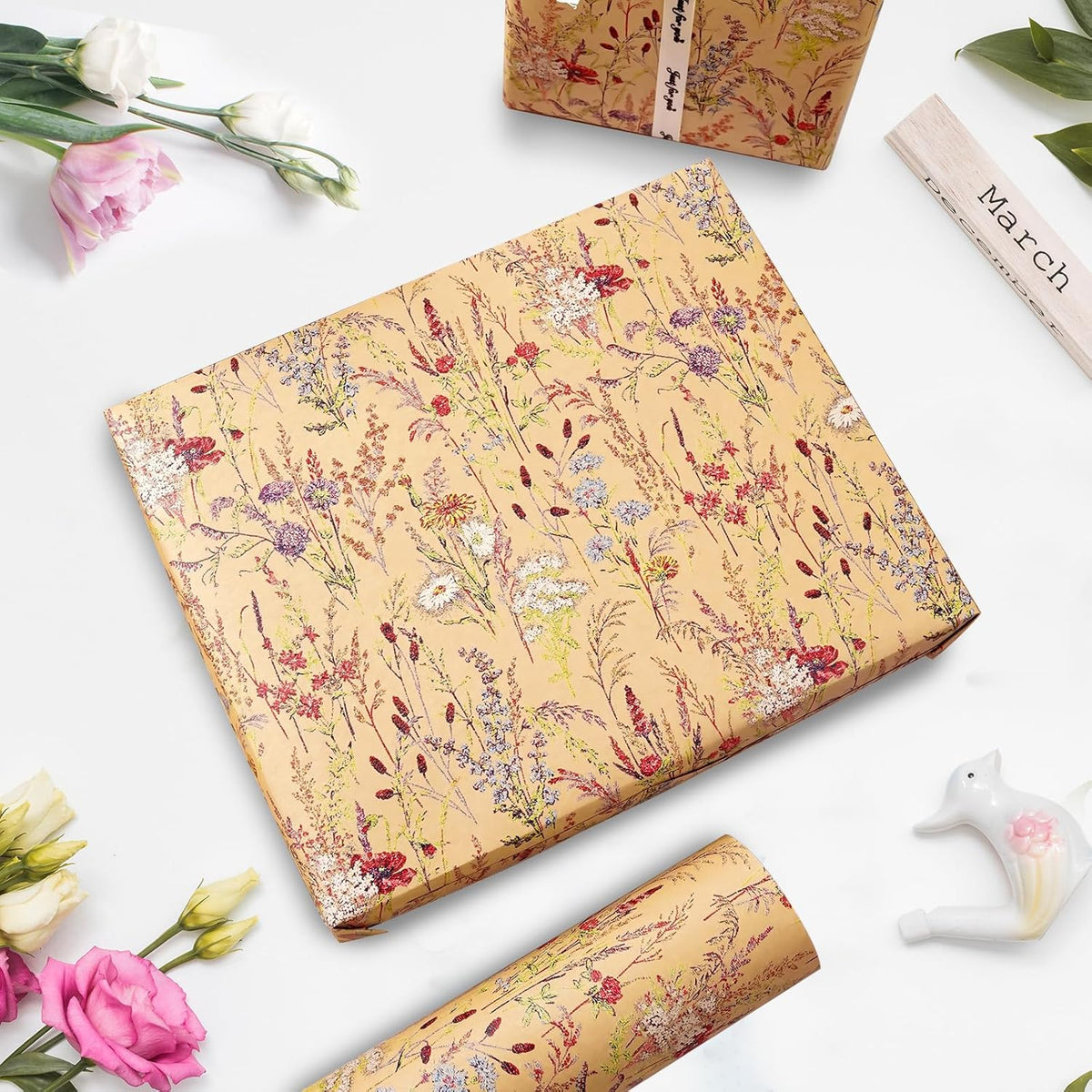 Tyzarglef Wild Flower Wrapping Paper Roll, 17 Inches x 32.8 Feet Kraft Floral Design Wrapping Paper