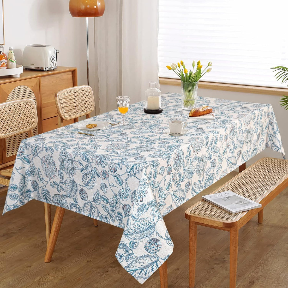 MYSKY HOME Waterproof Tablecloth Rectangle 60x102 Inch Rustic Burlap Tablecloth Spring Floral Linen