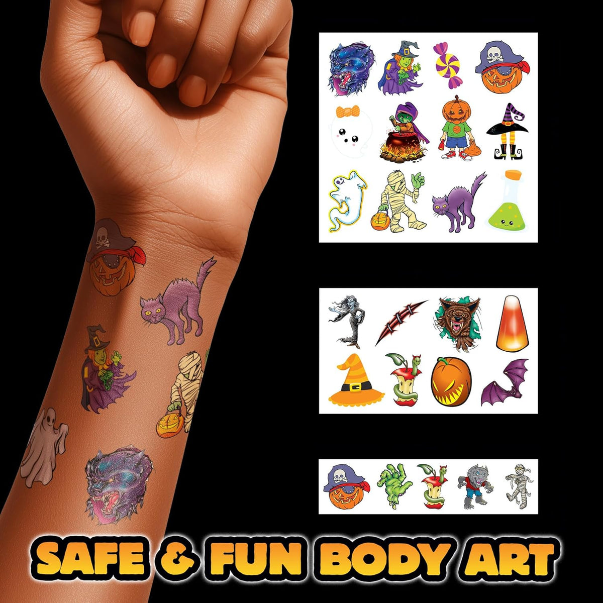 Assorted Halloween Temporary Tattoos – Spooky Designs for Kids & Adults, Includes Ghosts, Pumpkins