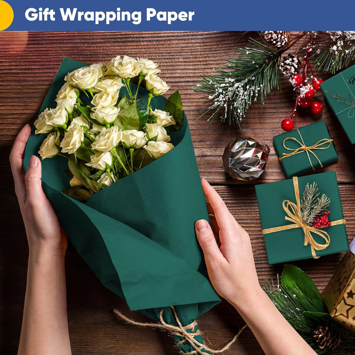Vanhench Green Wrapping Paper Roll 17.5"×963" (80 1/4FT), Solid Color Art Green Kraft Craft Paper