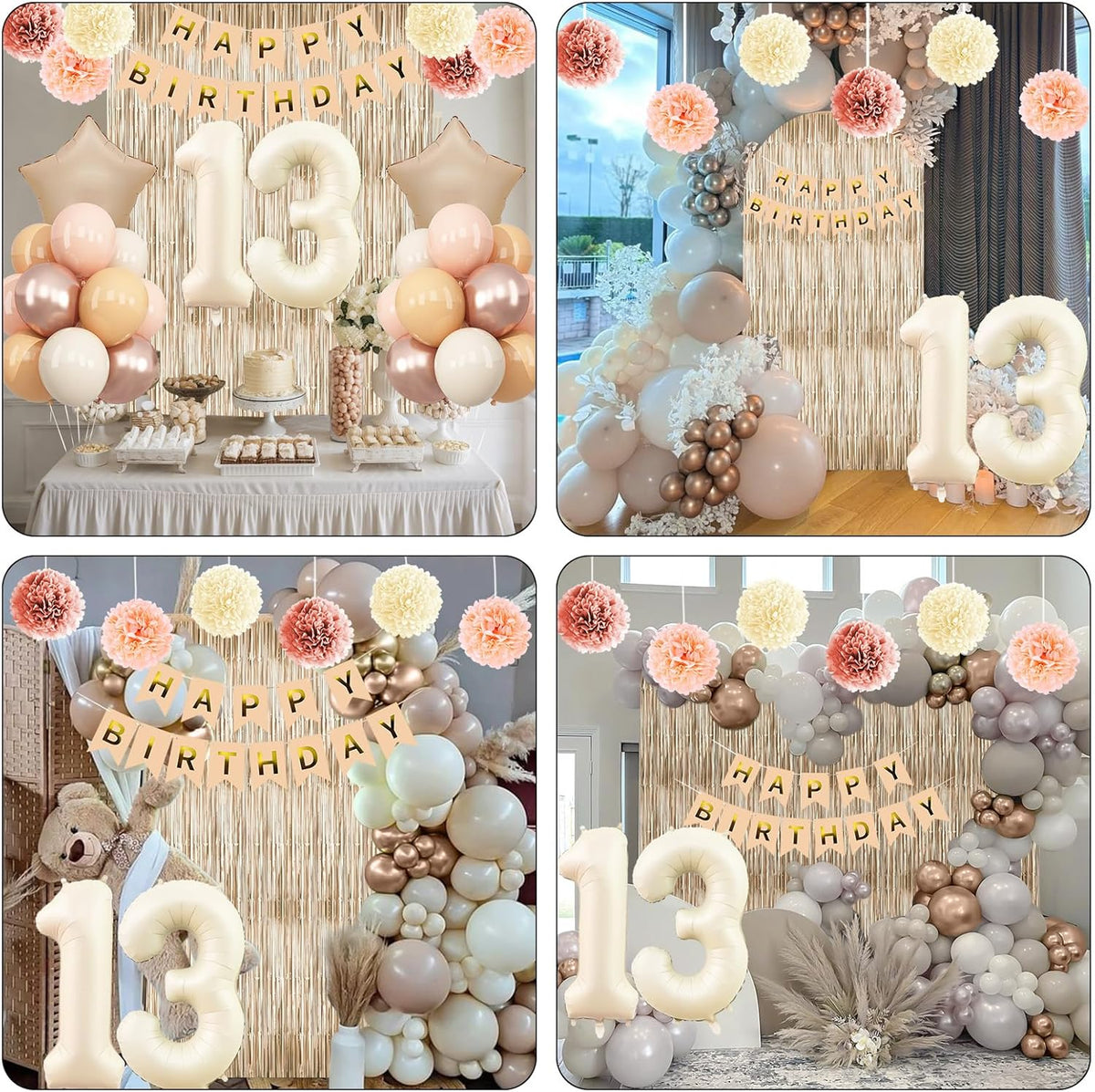 Beige 13th Birthday Decorations Girls Boys Cream Number 13 Balloon Nude Gold Happy Birthday Banner