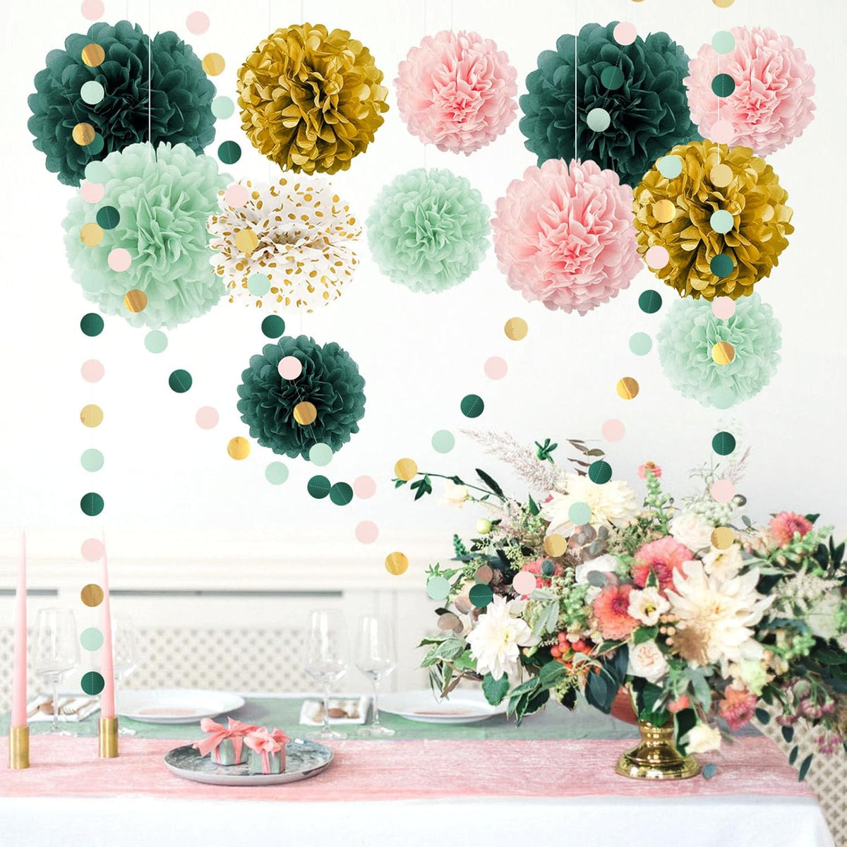 AOBKIAT Wedding Birthday Party Decorations Set,15PCS Sage Green Pink Tissue Paper PomPoms Circle
