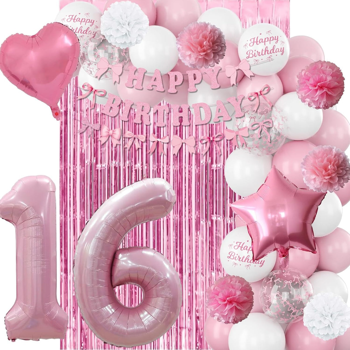 16th Birthday Decorations for Girls Pink Number 16 Balloon Bow Coquette Happy Birthday Banner