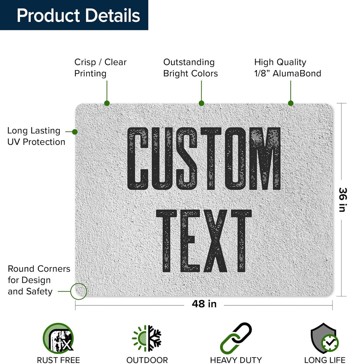 Custom Sign, Custom Street Sign, 11 Font Colors, 13 Font Styles, 4 Hole Options, 22 Sizes, 36x48