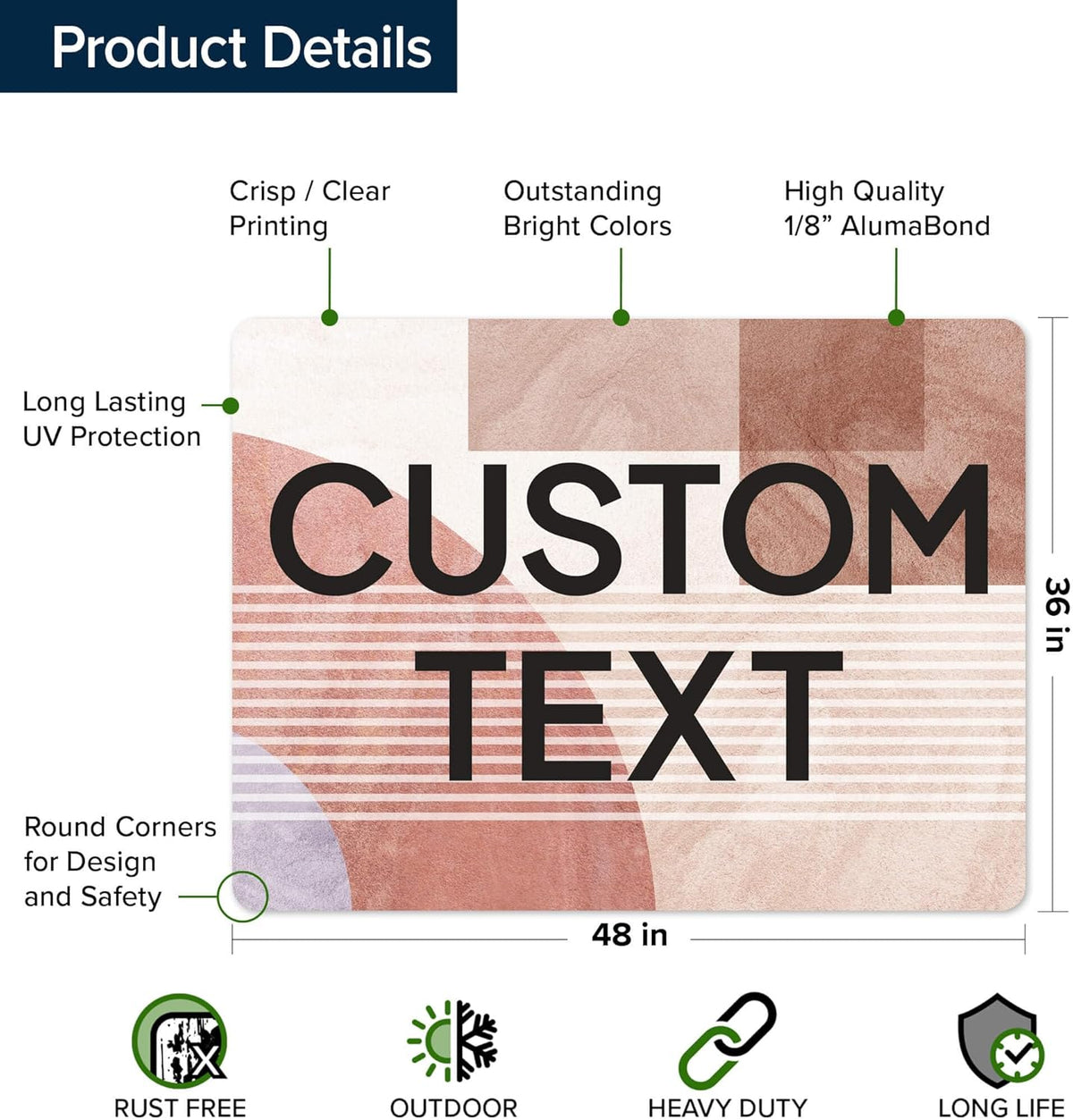 Custom Sign, Custom Street Sign, 11 Font Colors, 13 Font Styles, 4 Hole Options, 22 Sizes, 36x48