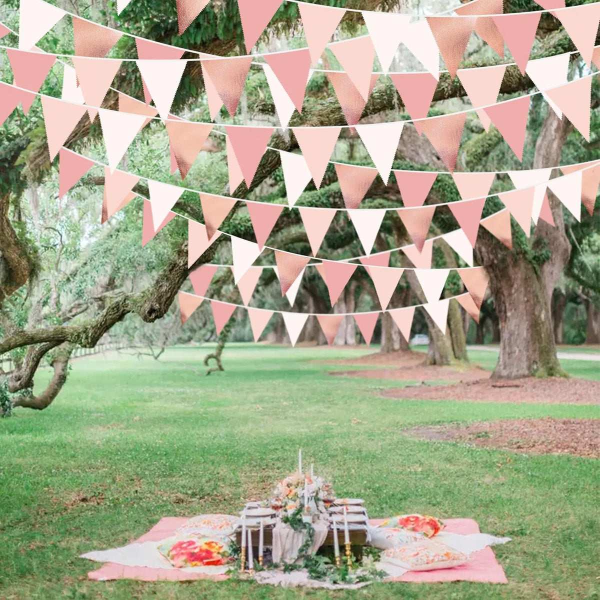 32Ft Rose Gold Party Decorations Dusty Blush Pink Pennant Banner Fabric Triangle Flag Bunting