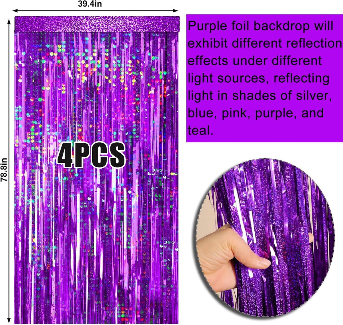 4 Packs Purple Foil Fringe Curtain, Purple Glitter Metallic Tinsel Backdrop for Birthday, Wedding