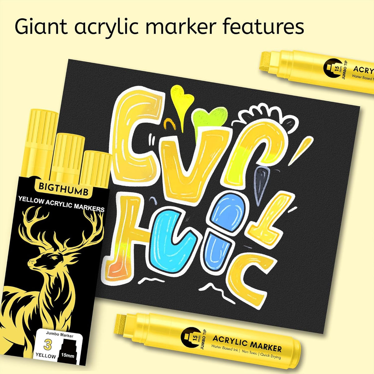 3 Pcs Yellow Jumbo Permanent Markers: 15mm Wide Tip Thick Acrylic Paint Pen Large Calligraphy