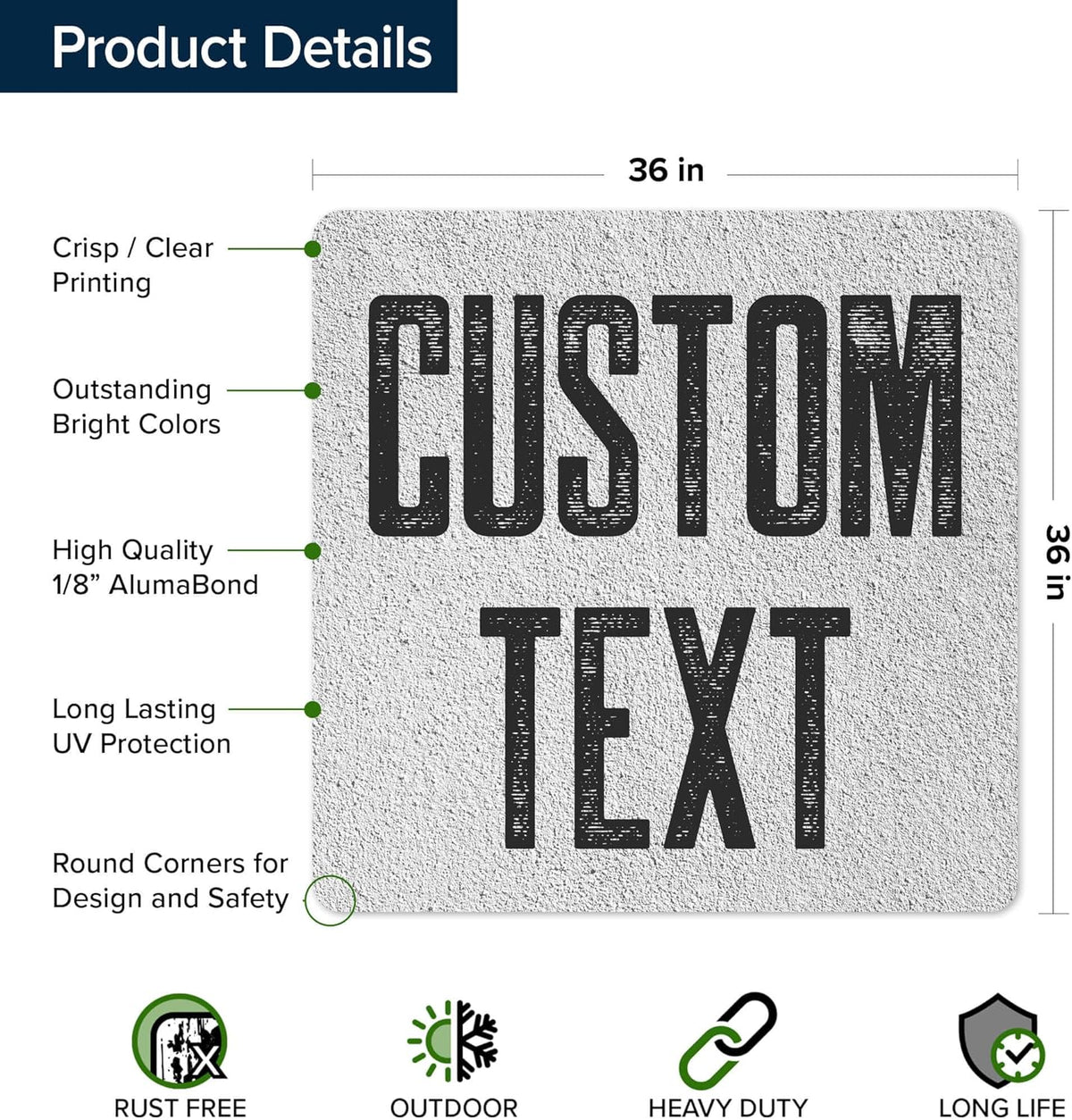 Custom Sign, Custom Street Sign, 11 Font Colors, 13 Font Styles, 4 Hole Options, 22 Sizes, 36x36