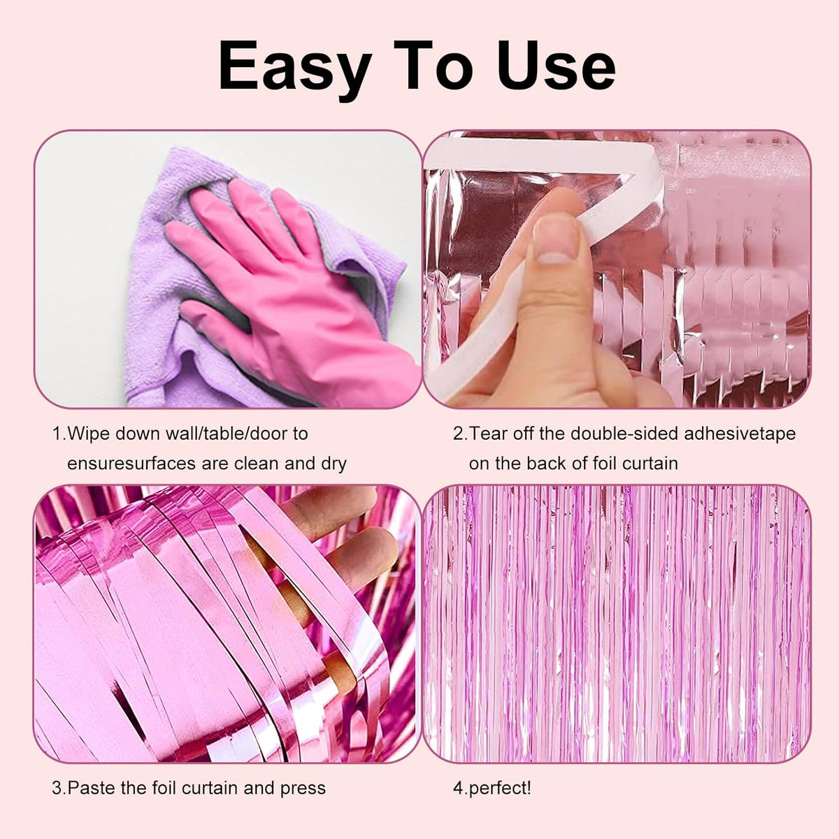 2 Pack 3.28 ft x 6.56 ft Pink Tinsel Curtain Party Backdrop Decorations, Metallic Foil Fringe