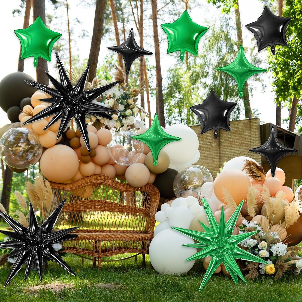 Black Green Star Balloon,16Pcs Star Foil Balloons Set with 22Inch Explosion Spike Cone Balloons and