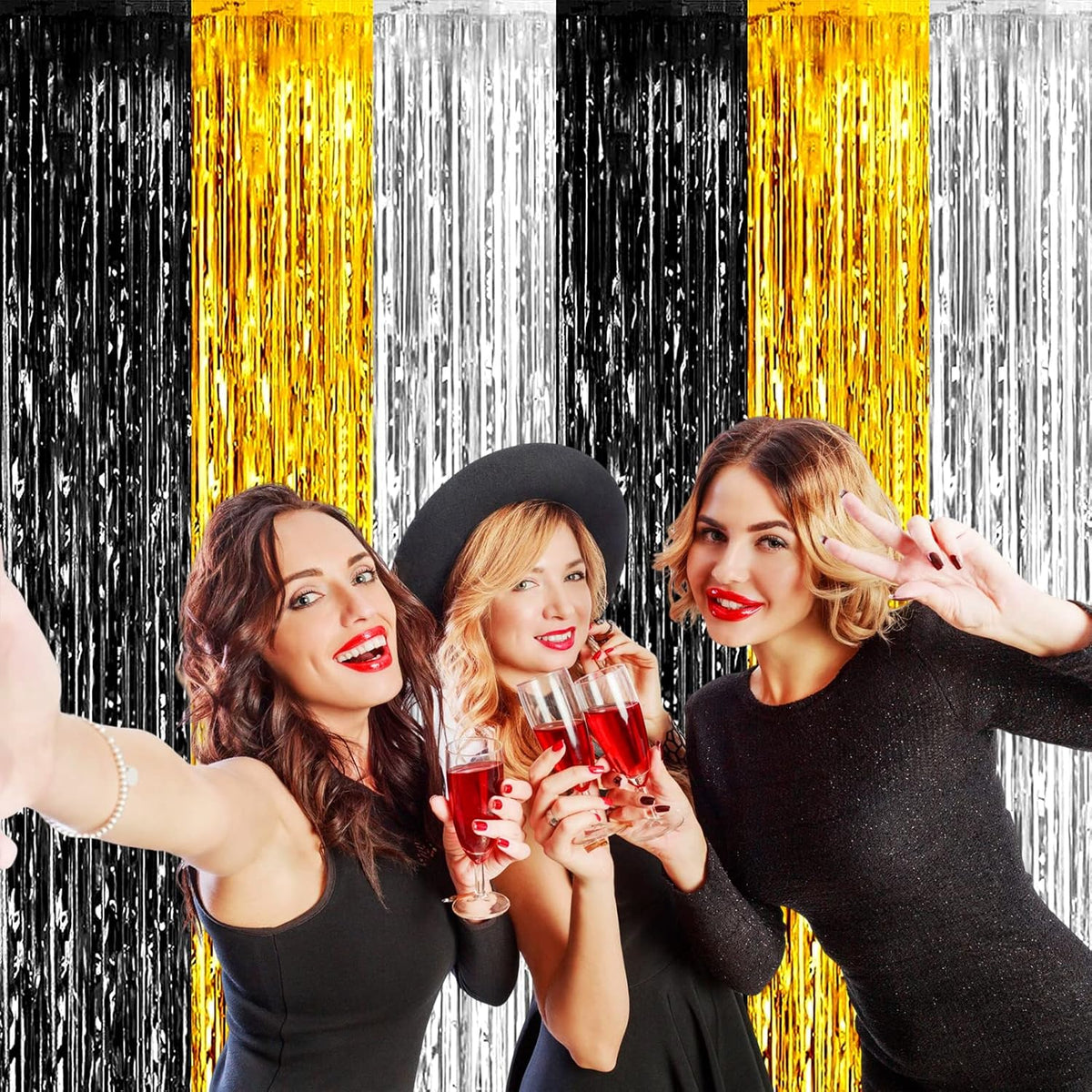 4 Pack Black Gold Silver Foil Fringe Curtain Backdrop, 3.28Ft x 9.8Ft Metallic Tinsel Foil Fringe
