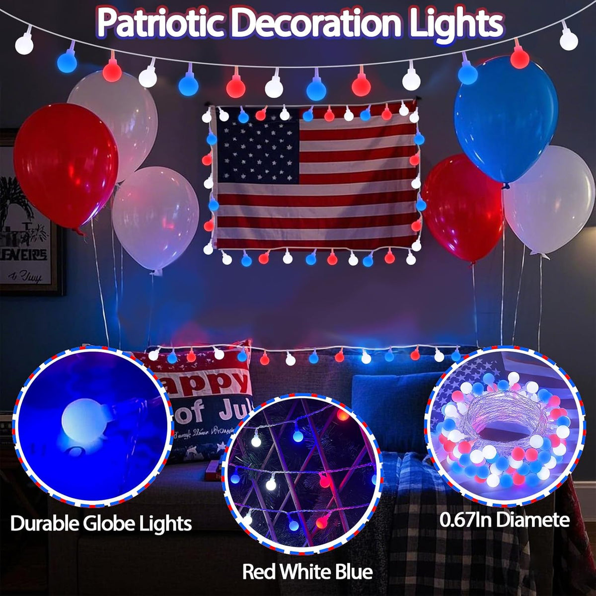Connectable Red White and Blue String Lights Outdoor Indoor, 42FT 100LED 4th of July Decorations