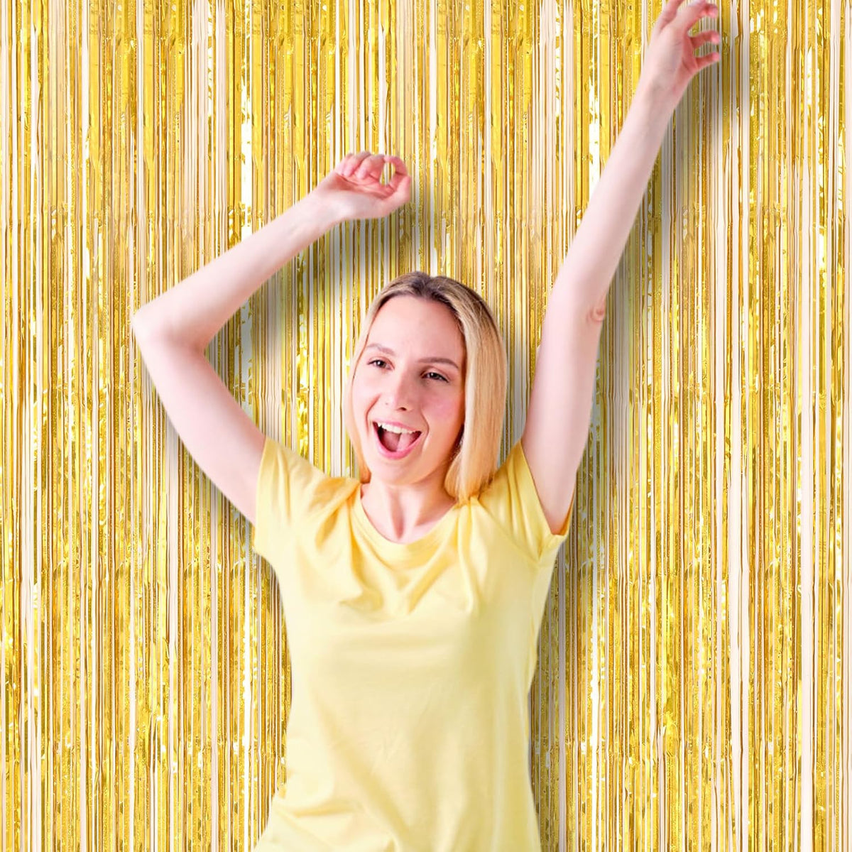 2 Pack Laser Gold Foil Fringe Backdrop Curtains, Tinsel Streamers Birthday Party Decorations