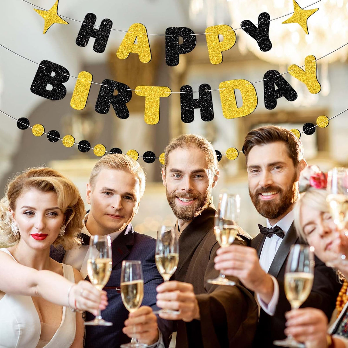 Black and Gold Happy Birthday Banner-Happy Birthday Decorations for Men Women Boys Girls Glitter