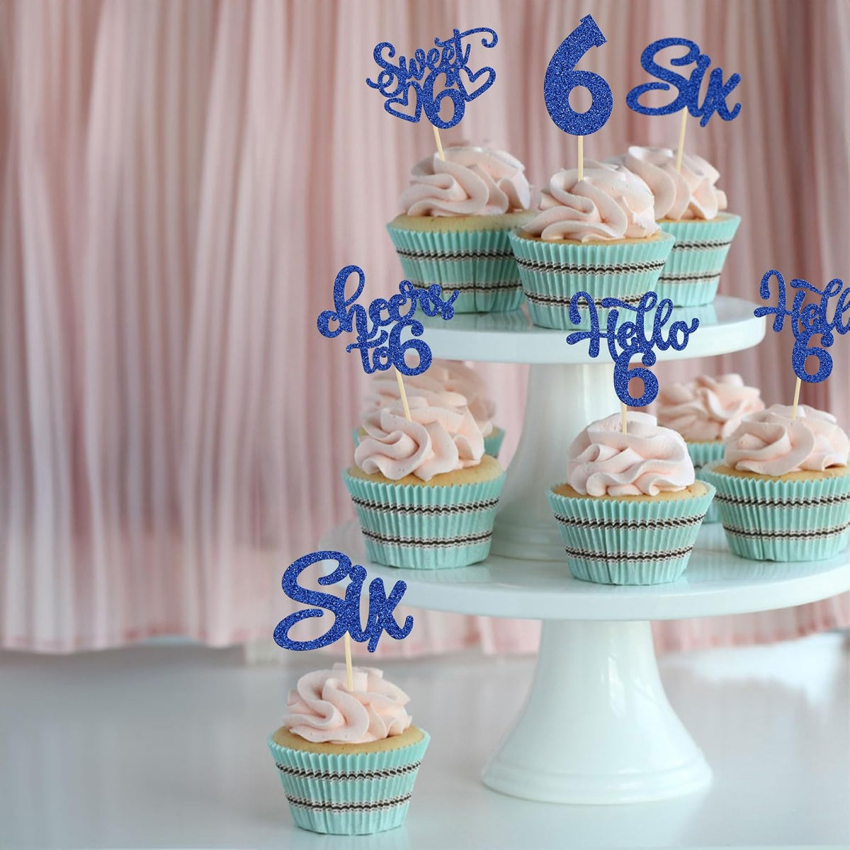 30Pcs 6th Birthday Cupcake Toppers Glitter Six Hello 6 Cupcake Picks Cheers to 6 Years Old Cake