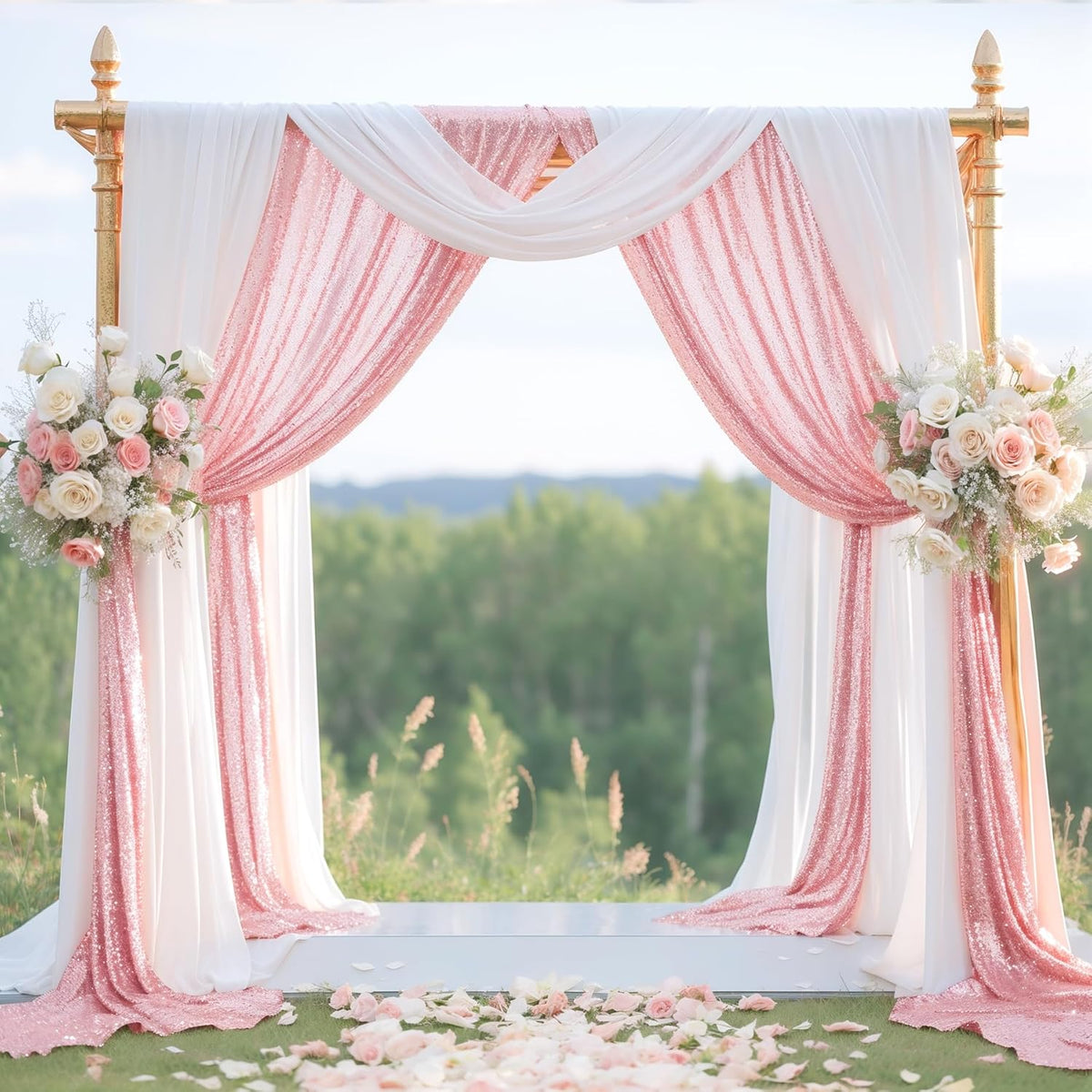 Wedding Arch Draping Fabric, 1 Panel 28" x19ft White Arch Drapes & 1 Panel 16" x19ft Rose Gold