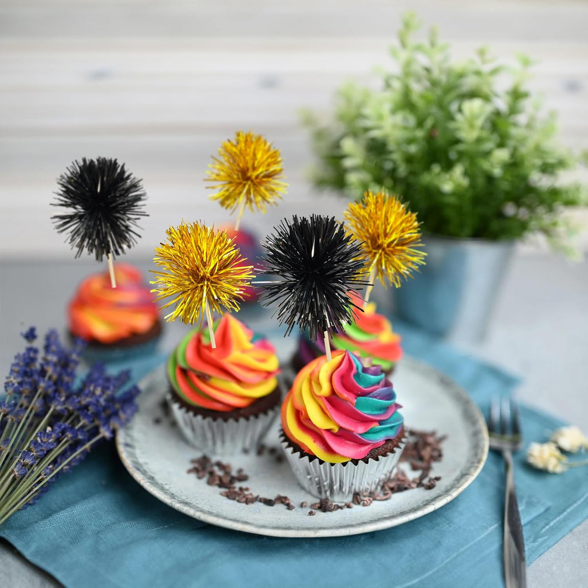 Gyufise 30Pcs Foil Firework Cupcake Toppers Sparkle Tinsel Cake Toppers Tinsel Drink Cake