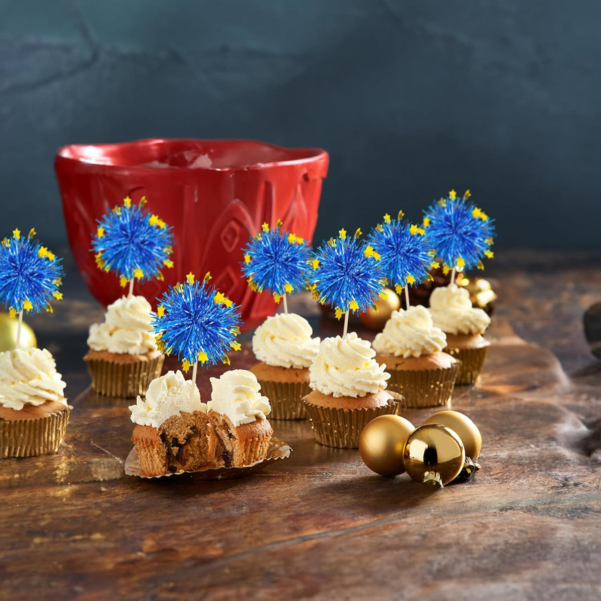 Ephlyn 30Pcs Foil Firework Cupcake Toppers Firework Cake Toppers Tinsel Flower Drink Stirrers