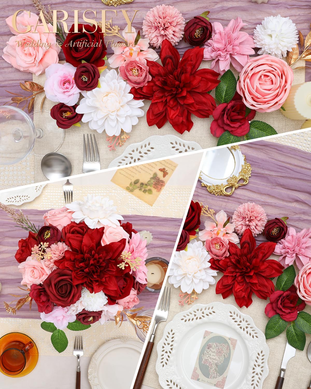 Artificial Flowers Combo, Mix Silk Flowers Roses, Peonies, Dahlias with Stems for DIY Wedding