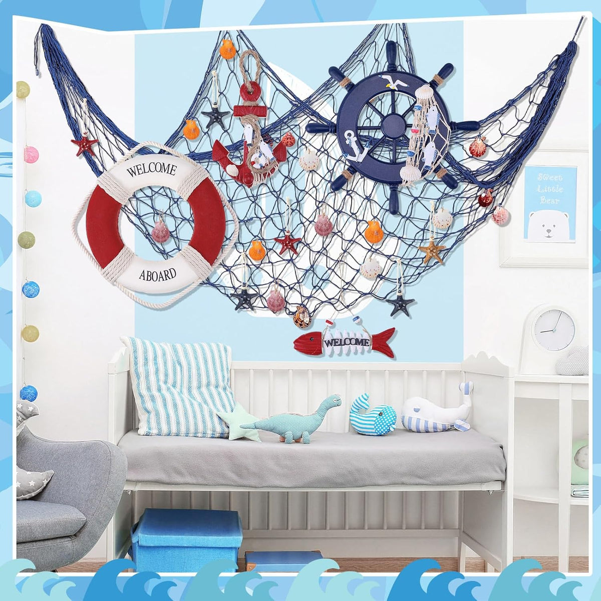 Marsui 11 Pcs Wooden Nautical Wall Decor Fishing Net Decoration, Include Decorative Fishing Net