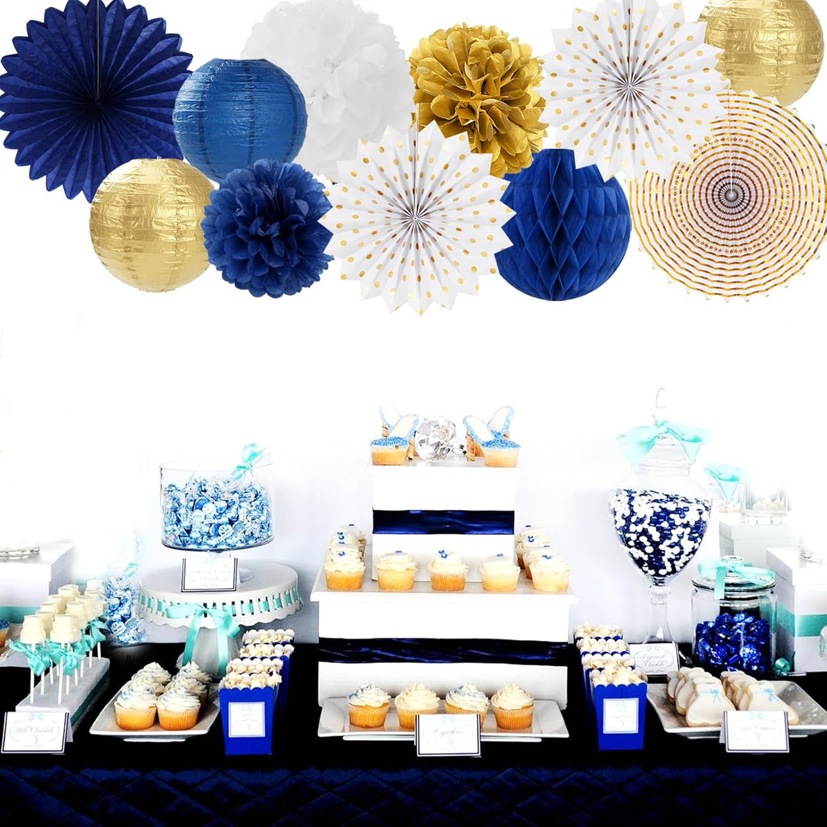 Navy-Blue White Gold Party-Decorations - 20pcs Graduation 2025 Paper Lanterns Fans,Tissue Pom