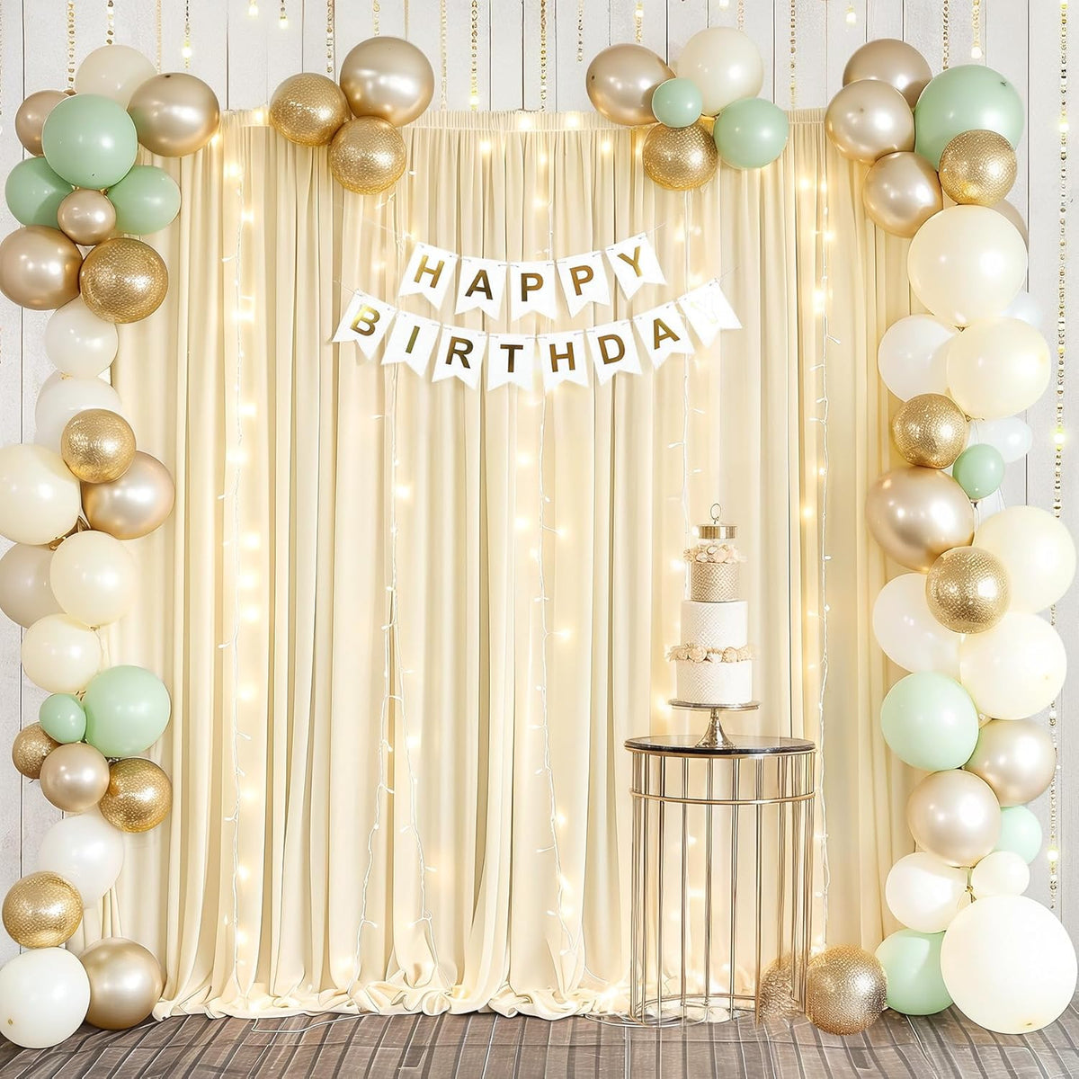 Light Champagne Backdrop Curtains with Lights String for Parties,10x10FT Wrinkle Free Wedding Photo