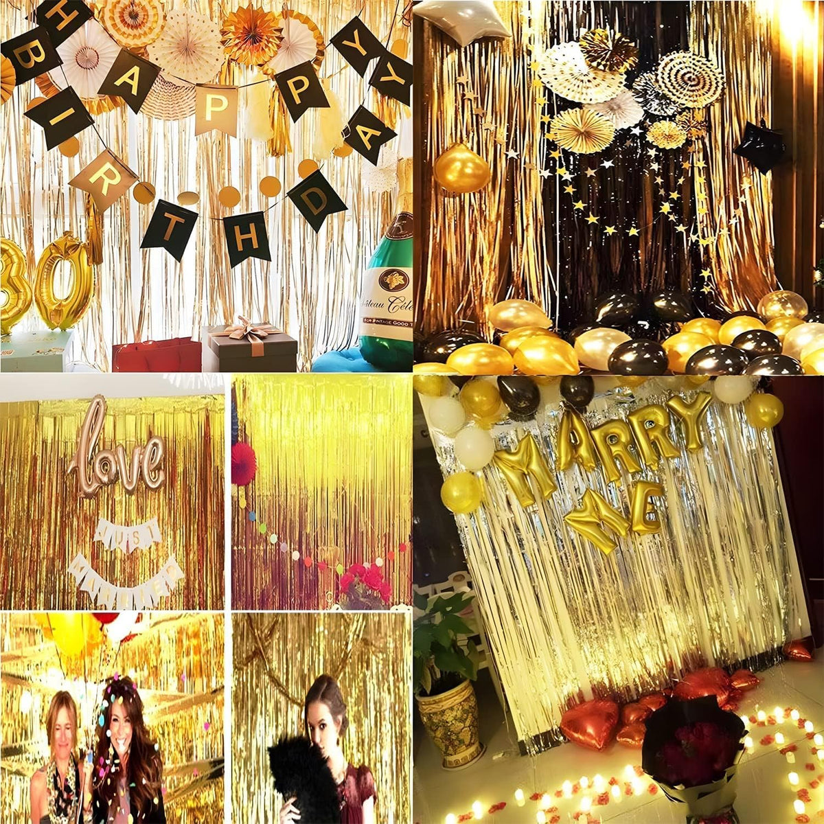 BRAVESHINE Black Gold Foil Fringe Curtain Backdrop - 2 Pack 3.2 x 8.2 ft Metallic Tinsel Photo