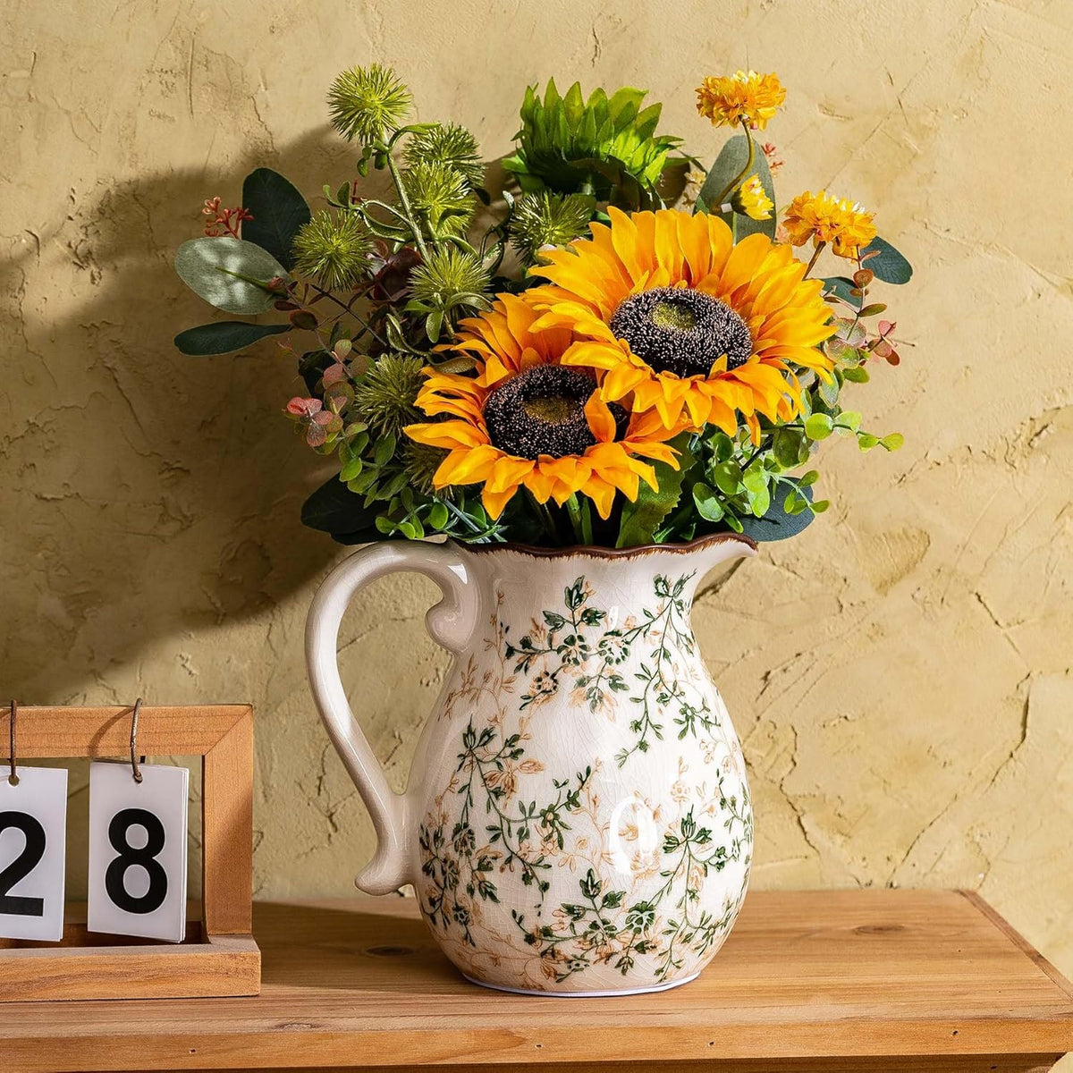 Green and White Vintage Vase with Handle, Chinoiserie Floral Pitcher Vase, Rustic Ceramic Farmhouse