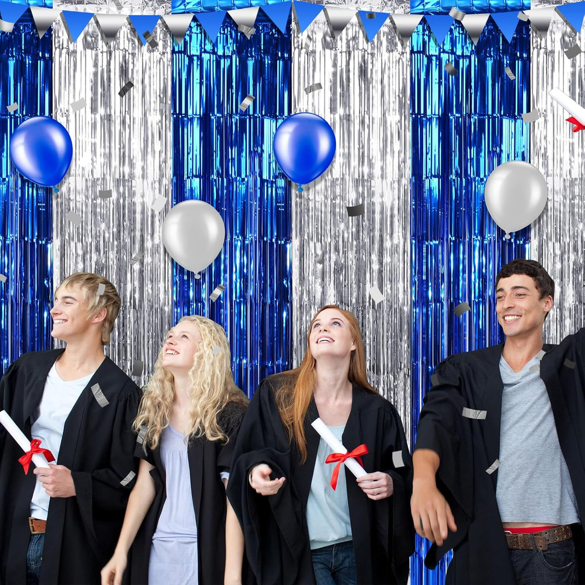 3Pack 3.3Ft x 6.6Ft Graduation Foil Fringe Curtain Backdrop Decorations, Blue Silver Metallic