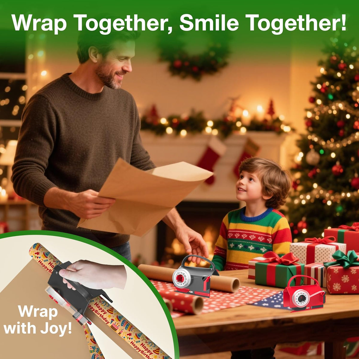 (2-Pack) Wrapping Paper Cutter & Tape Dispenser Dual Use with 4 Tapes,2 Replace Blades Kit for