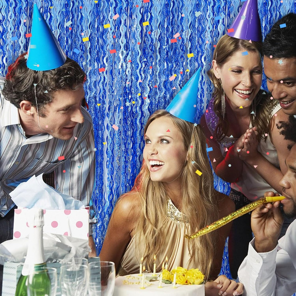 Blue Tinsel Foil Fringe Curtains Wavy Backdrop for Parties Sparkle Metallic Wavy Foil Fringe