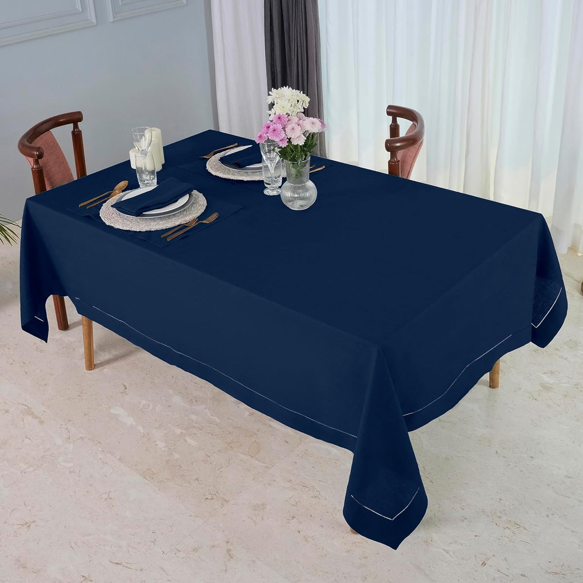 D'Moksha Homes Navy Blue Linen Tablecloth 60 x 108 Inch - 100% Pure Linen Navy Table Cloth for