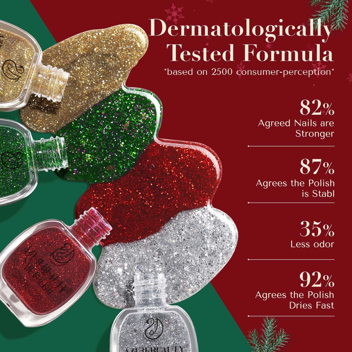 AZUREBEAUTY Nail Polish Set, 4 Colors Christmas Glitter Red Green Gold Silver Quick Dry Natural