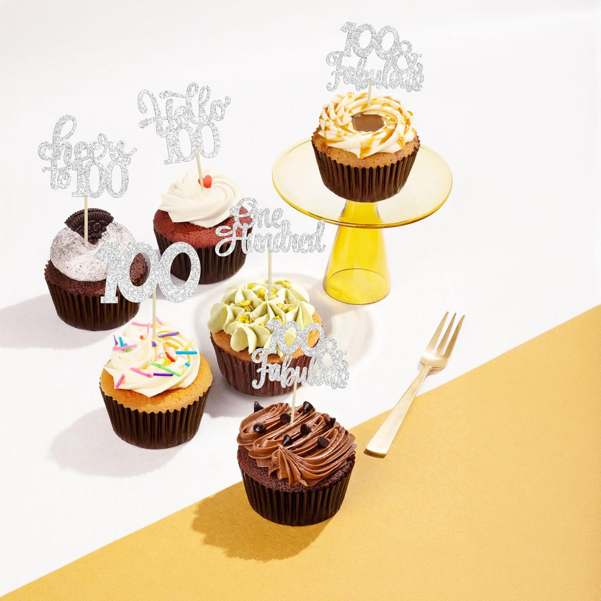 30pcs Happy 100th Birthday Cupcake Toppers - Silver Glitter One Hundred Cheers to 100 Years Old