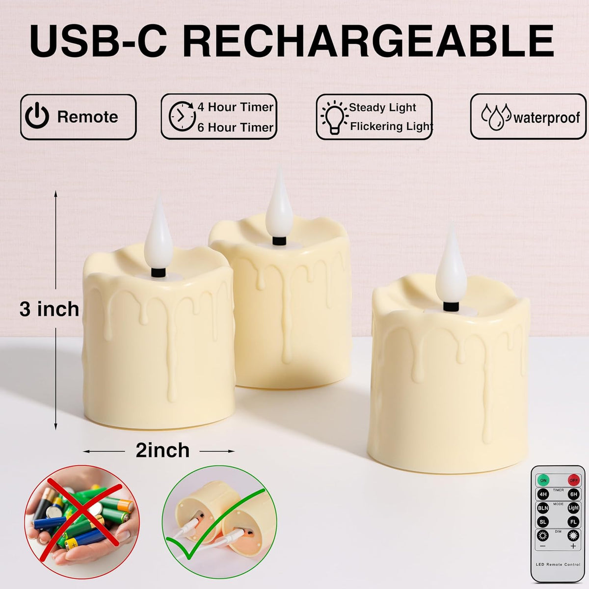 FREEPOWER Rechargeable Flameless LED Votive Candles with Timer Remote - 2'' x 3'' Waterproof