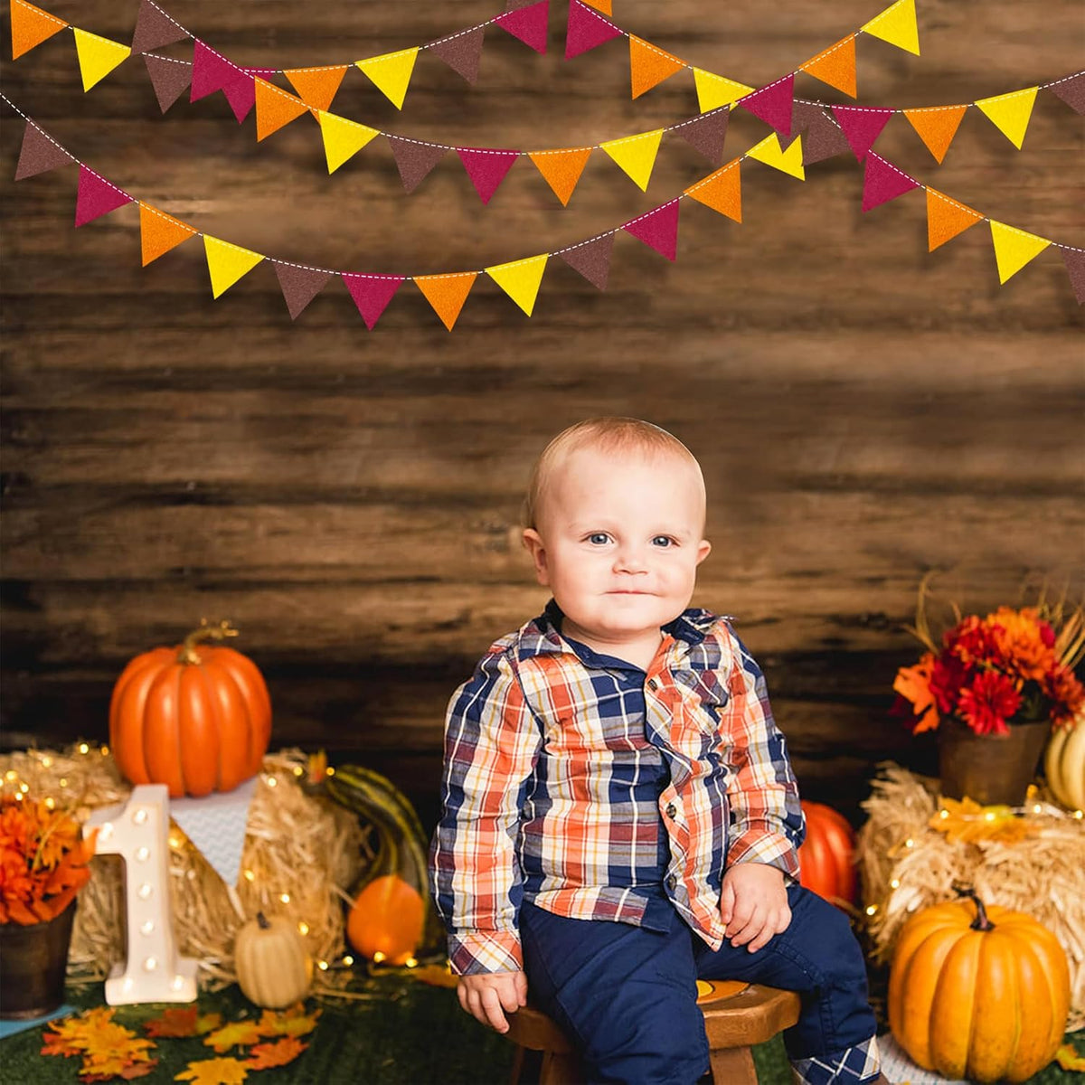 Fall Party Decoration Orange Yellow Brown Burgundy Felt Hanging Triangle Mini Bunting Pennant
