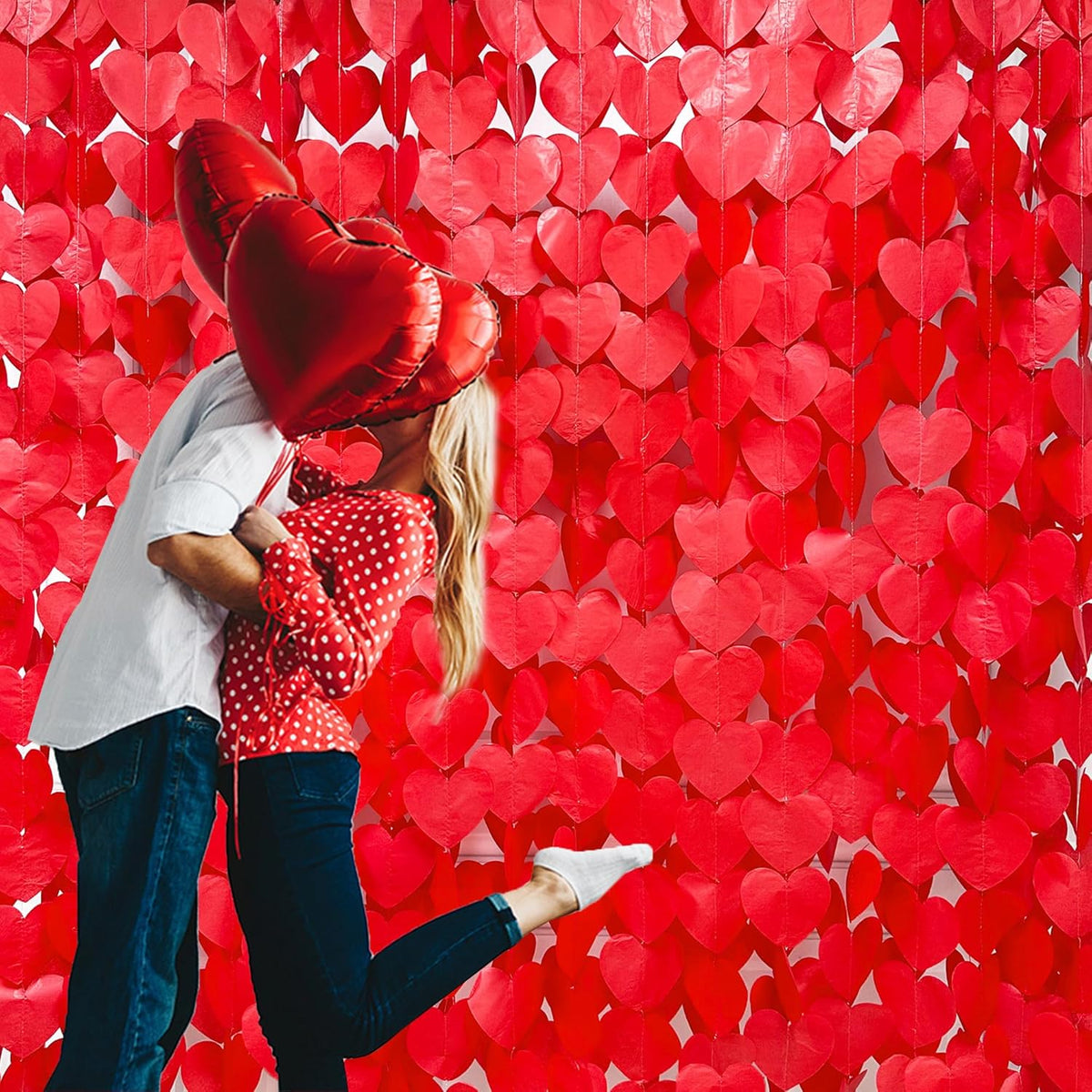 205 Ft Red Party Decorations Red Heart Backdrop Streamer Tissue Paper Love Heart Hanging Garland