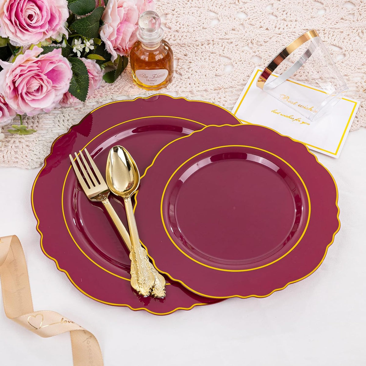 Liacere 350PCS Red Plastic Plates-Disposable Burgundy Red and Gold Plates 50guest Baroque Plastic