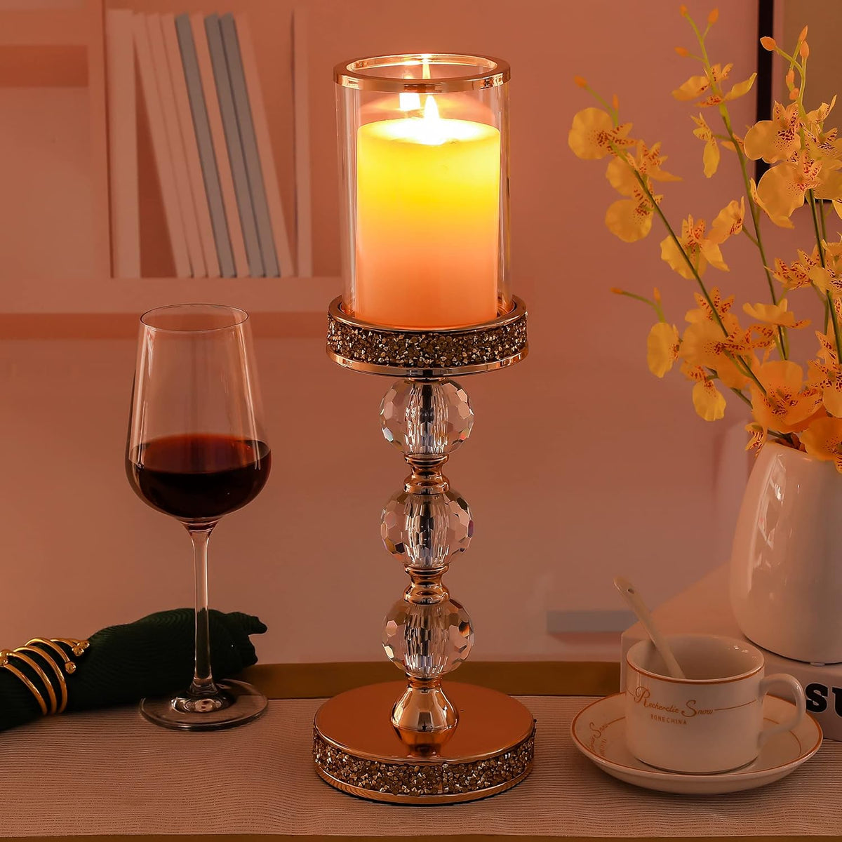 Hurricane Glass Candle Holders, Gold Pillar Candle Holders for Pillar Candle, Magnetic Glass Cover